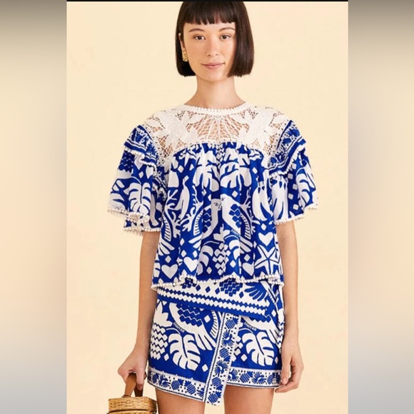 FARM RIO Navy Blue Jungle Scarf Lace Ruffle Sleeve Blouse - Picture 4 of 16